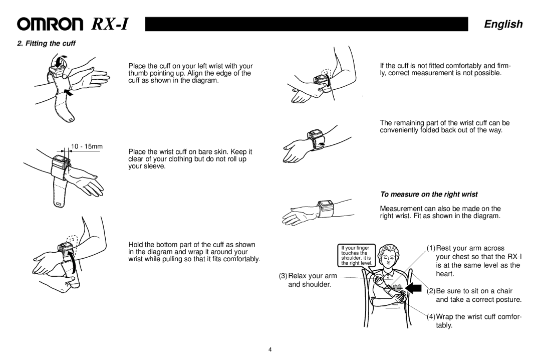 Omron RX-1 instruction manual Fitting the cuff, To measure on the right wrist 