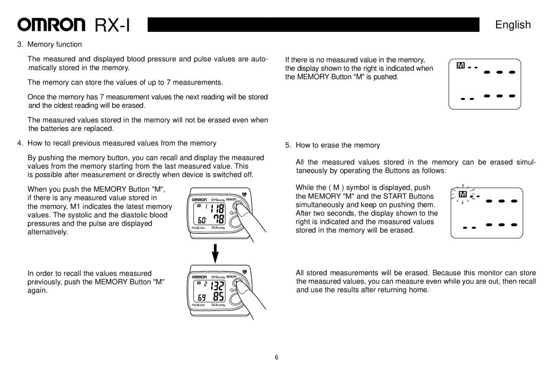 Omron RX-1 Memory function, How to recall previous measured values from the memory, How to erase the memory 