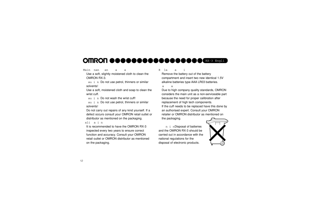 Omron RX-3 instruction manual Maintenance and spare parts, Calibration, Replace batteries, Spare parts 