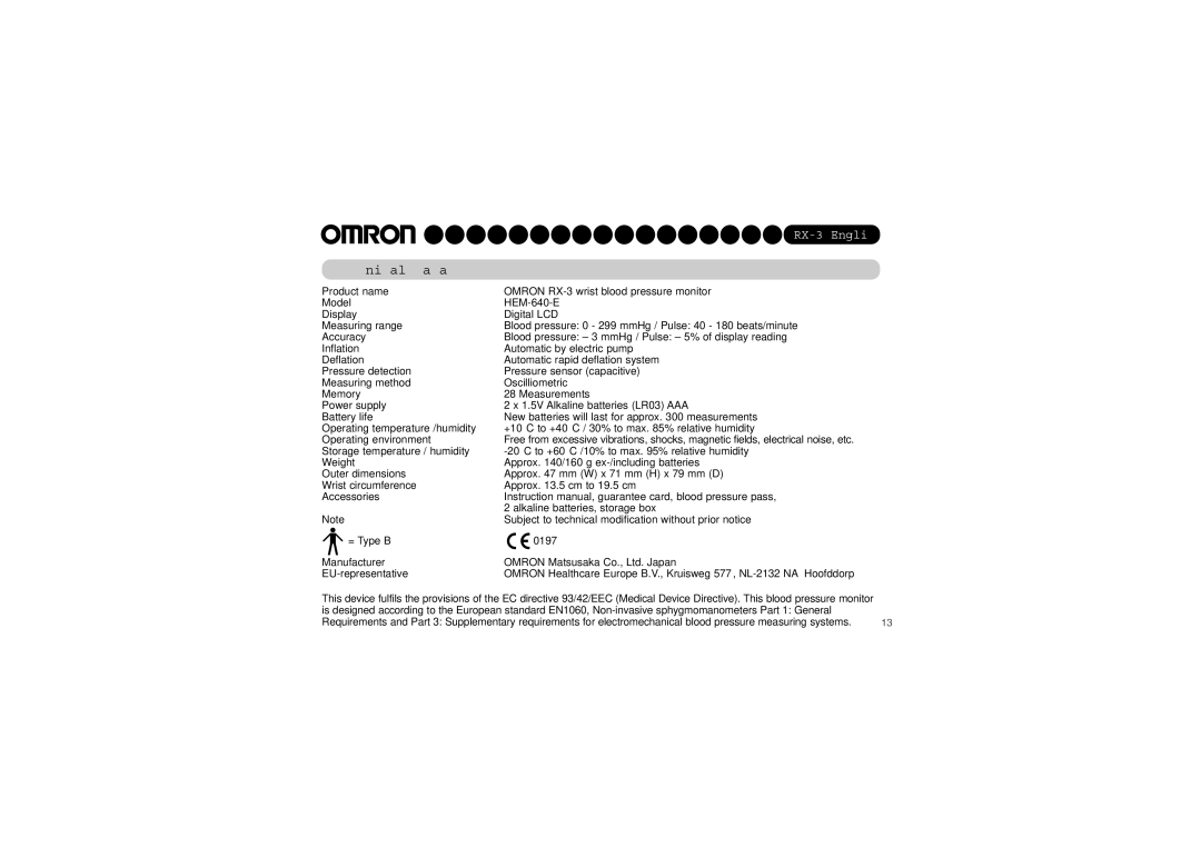Omron RX-3 instruction manual Technical Data 