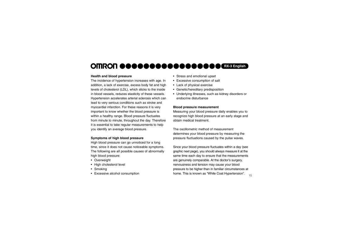 Omron RX-3 instruction manual Health and blood pressure, Symptoms of high blood pressure, Blood pressure measurement 