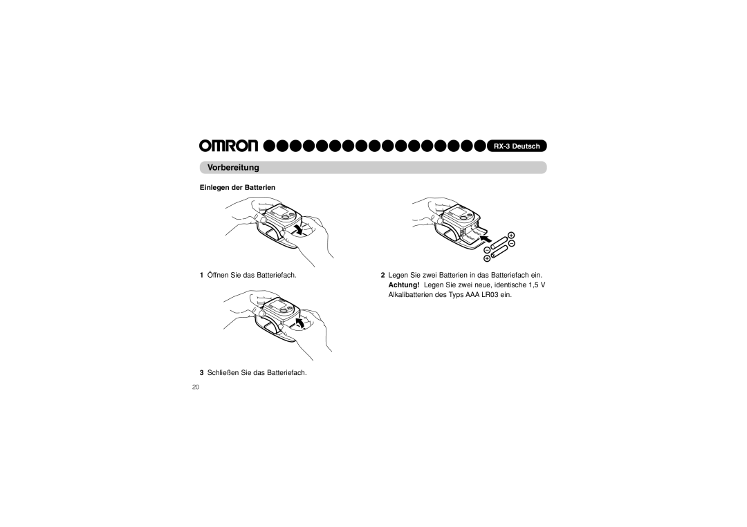 Omron RX-3 instruction manual Vorbereitung, Einlegen der Batterien 