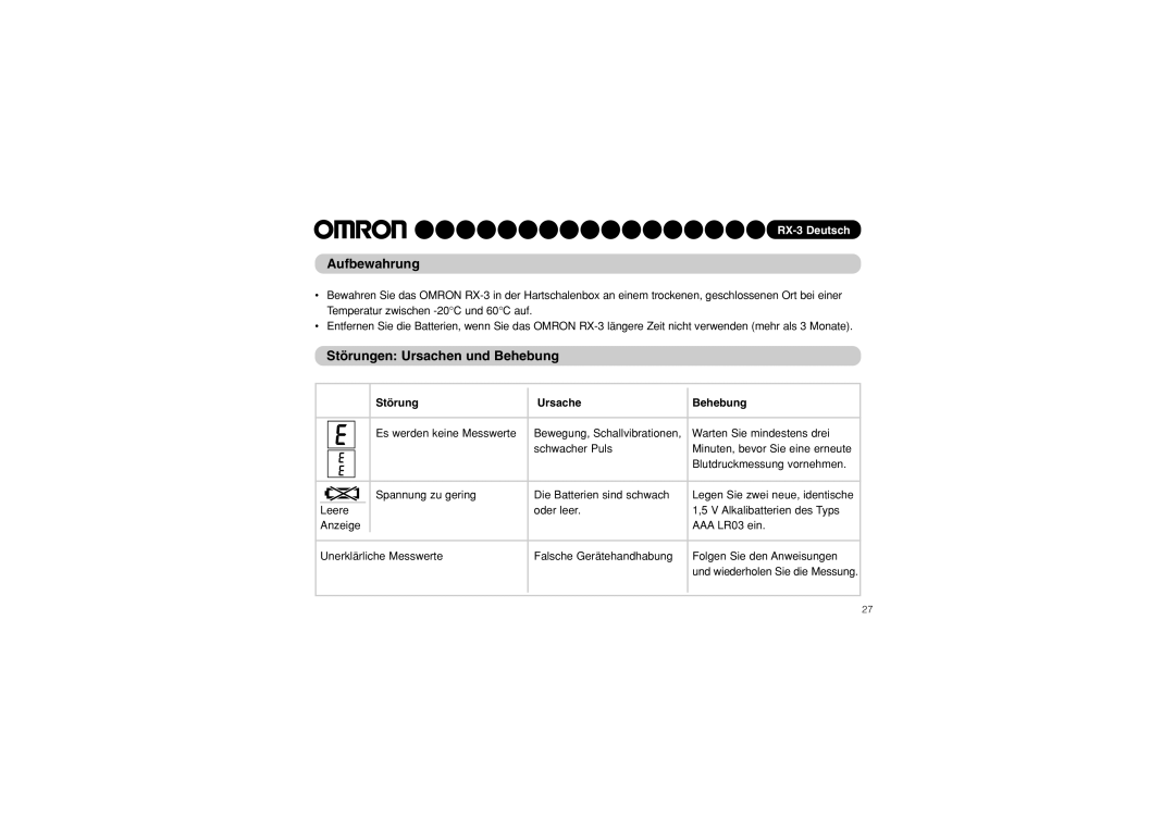 Omron RX-3 instruction manual Aufbewahrung, Störungen Ursachen und Behebung, Störung Ursache Behebung 