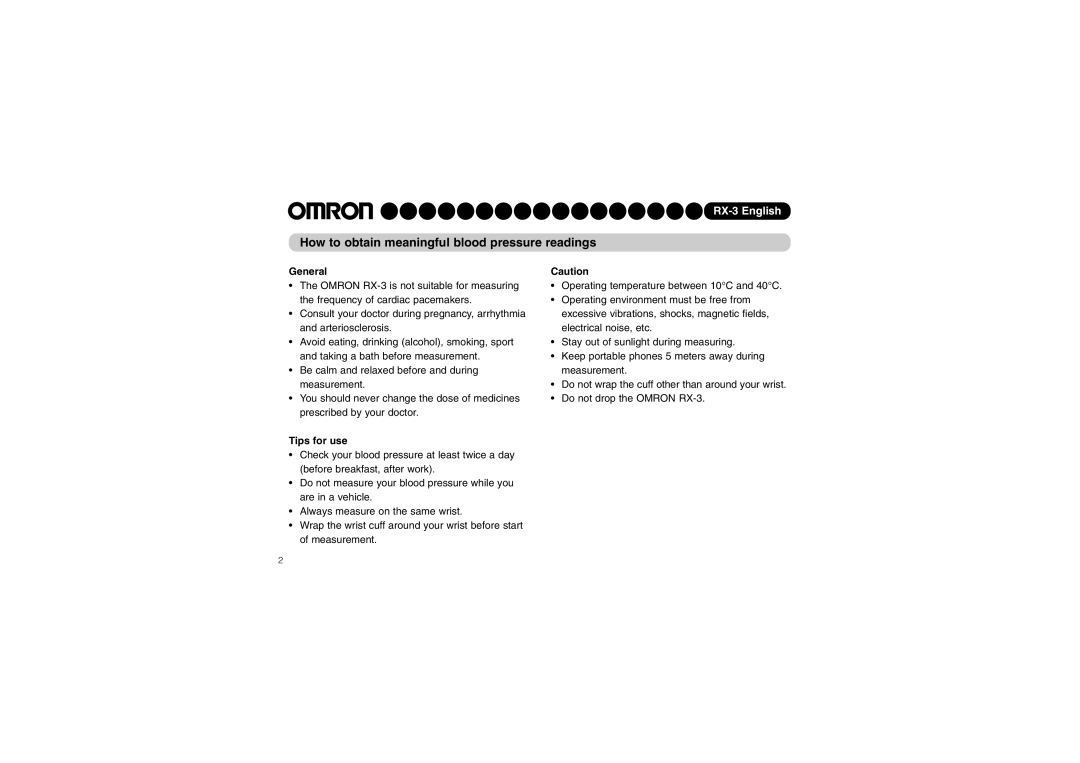 Omron RX-3 instruction manual How to obtain meaningful blood pressure readings, General, Tips for use 