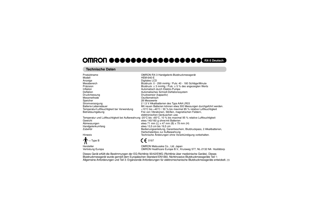 Omron RX-3 instruction manual Technische Daten 