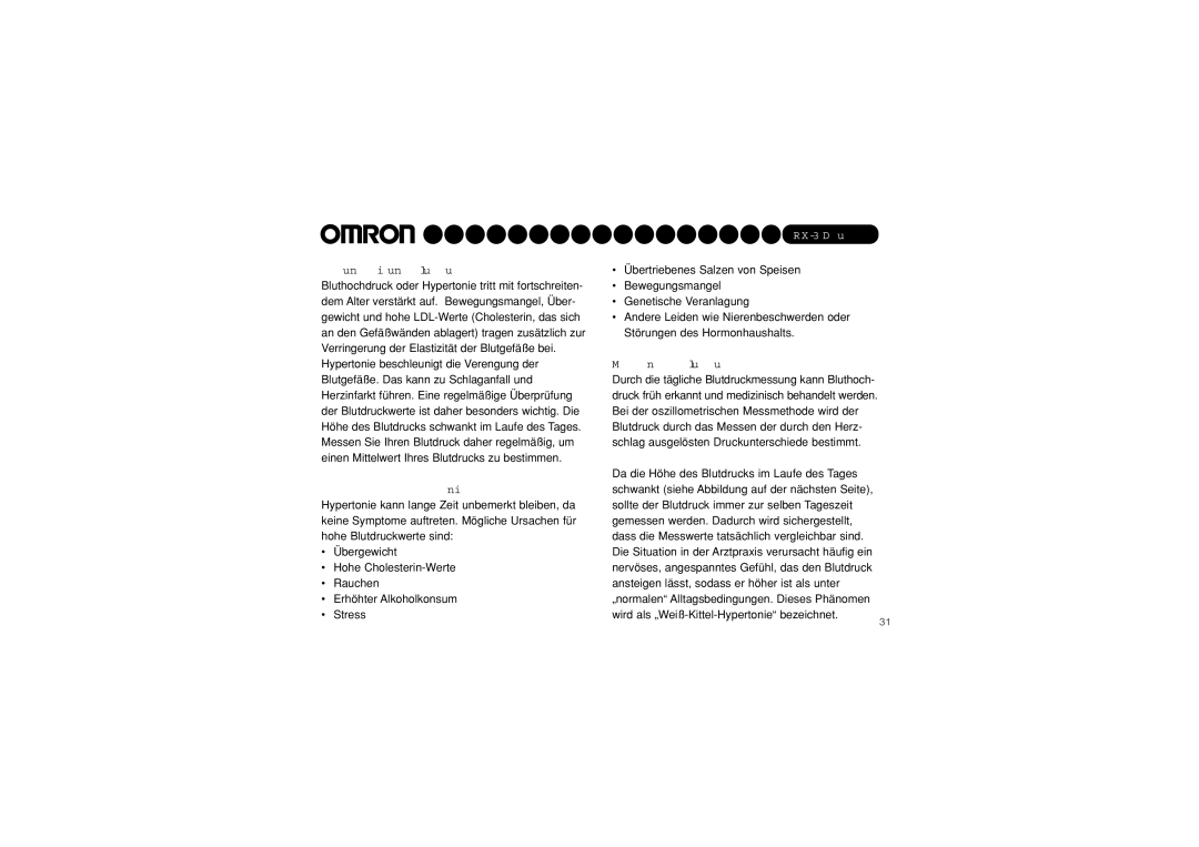 Omron RX-3 instruction manual Gesundheit und Blutdruck, Symptome der Hypertonie, Messen des Blutdrucks 