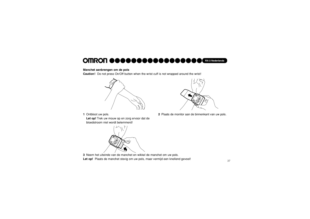 Omron RX-3 instruction manual Manchet aanbrengen om de pols 