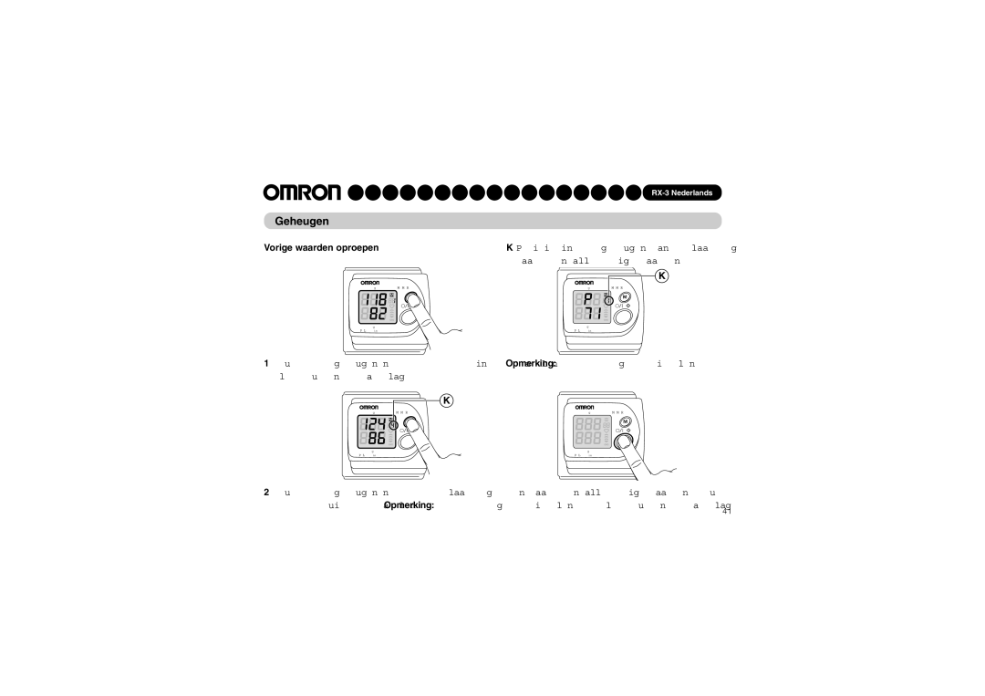 Omron RX-3 instruction manual Geheugen, Vorige waarden oproepen 