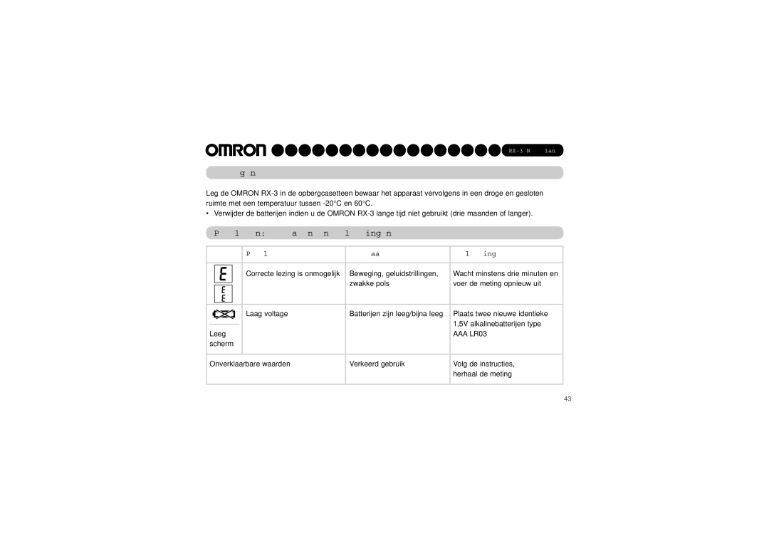 Omron RX-3 instruction manual Opbergen, Problemen oorzaken en oplossingen, Probleem Oorzaak Oplossing 