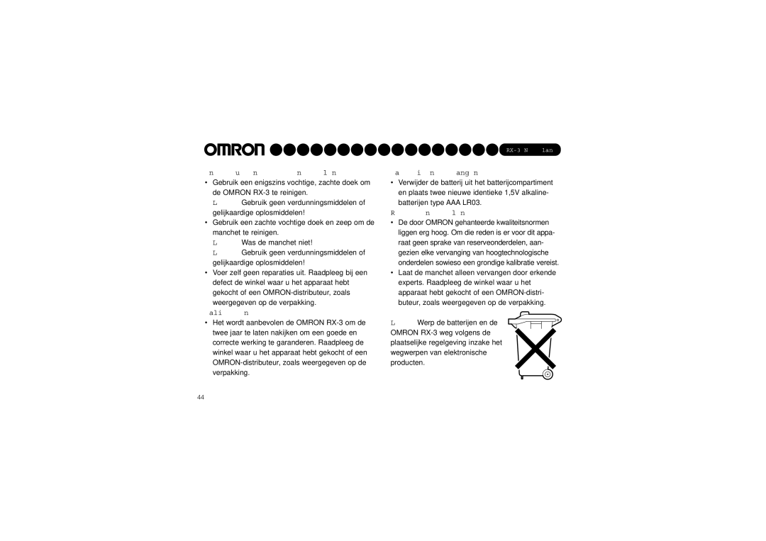 Omron RX-3 instruction manual Onderhoud en reserveonderdelen, Kalibreren, Batterijen vervangen, Reserveonderdelen 