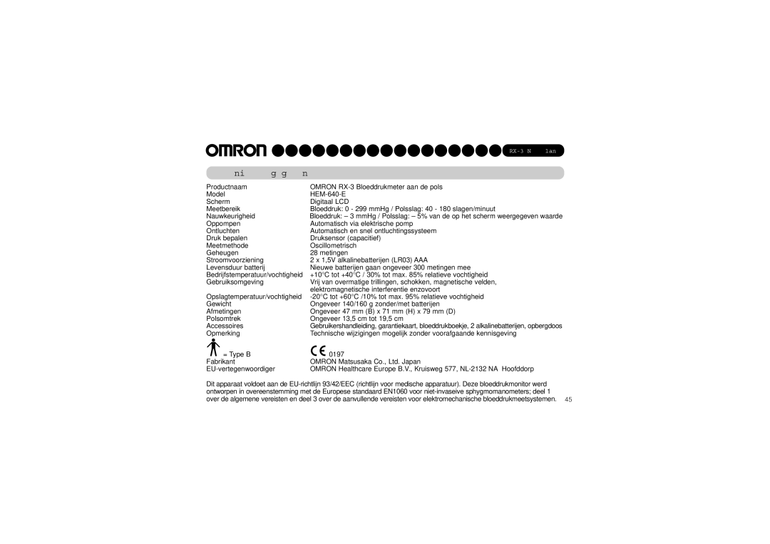 Omron RX-3 instruction manual Technische gegevens 