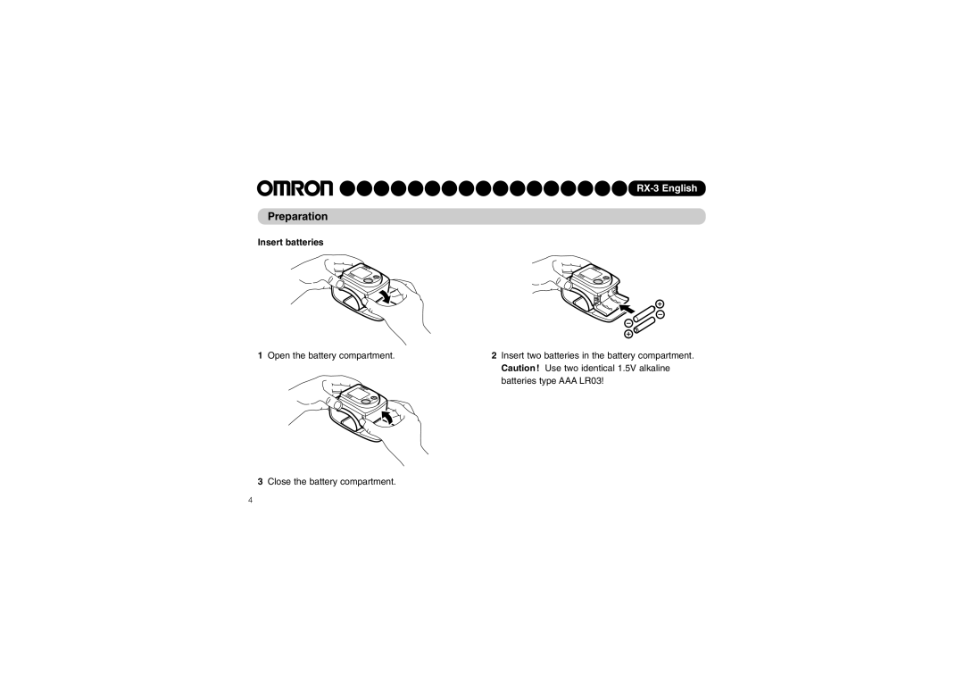 Omron RX-3 instruction manual Preparation, Insert batteries 