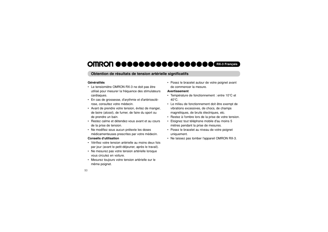 Omron RX-3 Obtention de résultats de tension artérielle significatifs, Généralités, Conseils dutilisation, Avertissement 