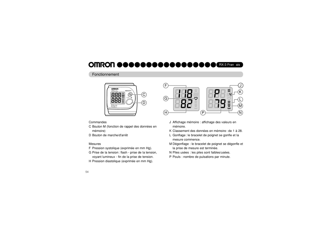 Omron RX-3 instruction manual Fonctionnement, Commandes, Mesures 