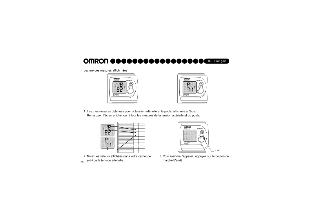 Omron RX-3 instruction manual Lecture des mesures affichées, Pour éteindre lappareil, appuyez sur le bouton de 