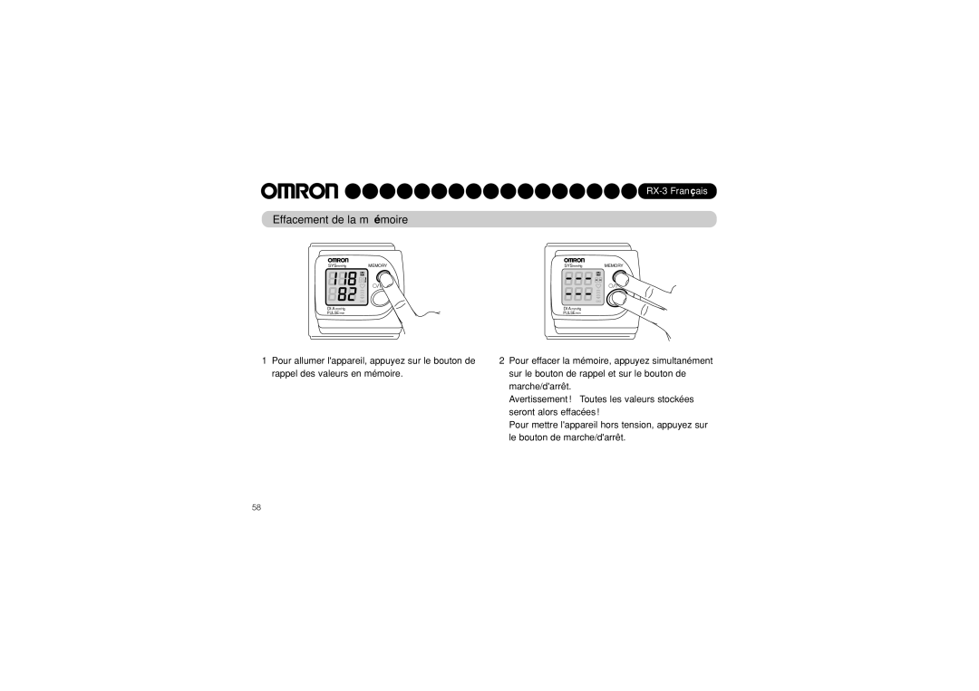 Omron RX-3 instruction manual Effacement de la mémoire 