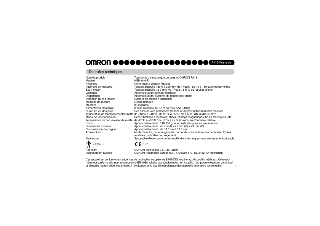 Omron RX-3 instruction manual Données techniques 