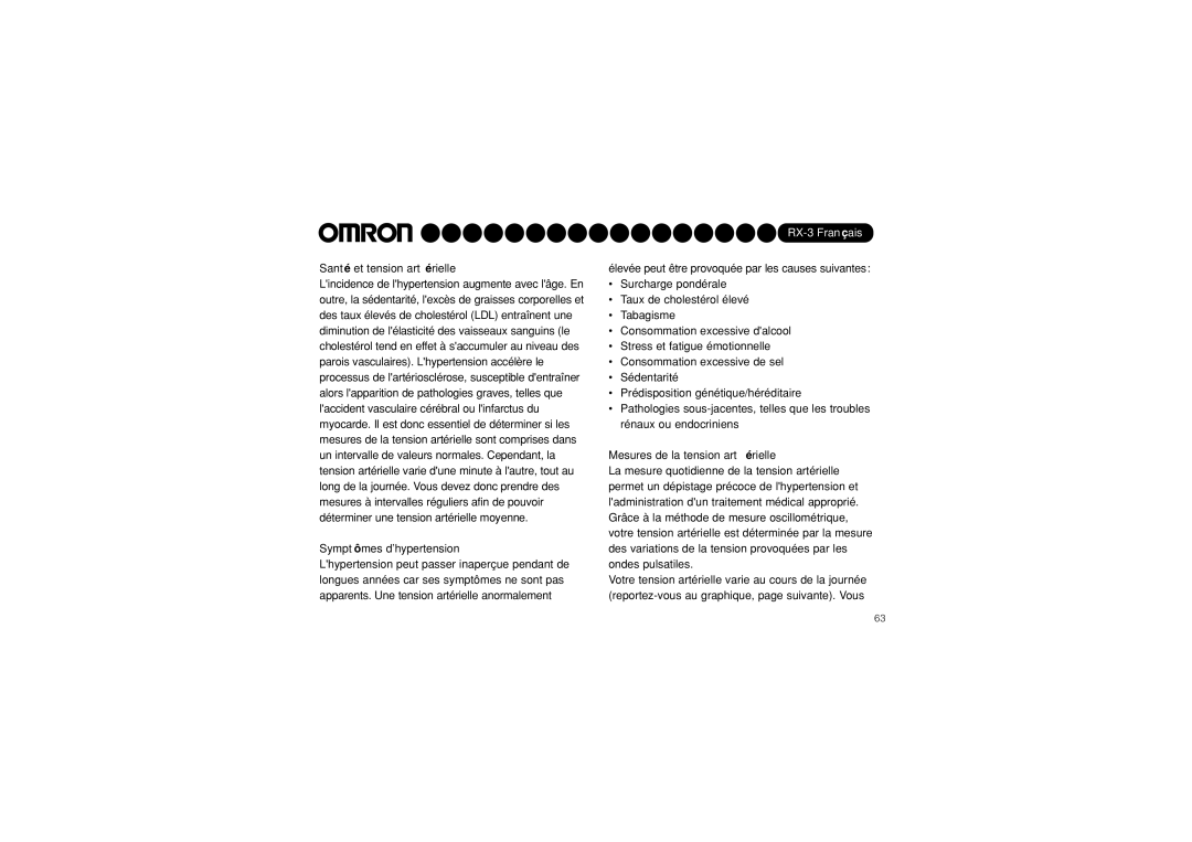 Omron RX-3 instruction manual Santé et tension artérielle, Symptômes dhypertension, Mesures de la tension artérielle 