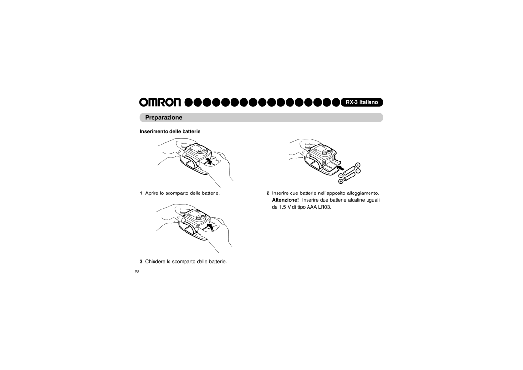 Omron RX-3 instruction manual Preparazione, Inserimento delle batterie 