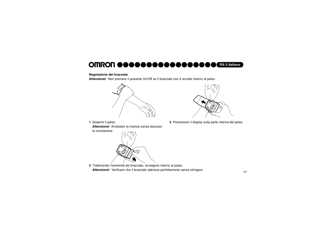 Omron RX-3 instruction manual Regolazione del bracciale 