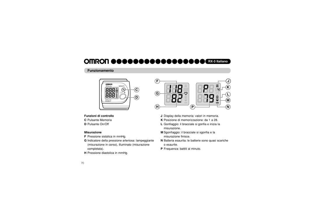 Omron RX-3 instruction manual Funzionamento, Funzioni di controllo, Misurazione 