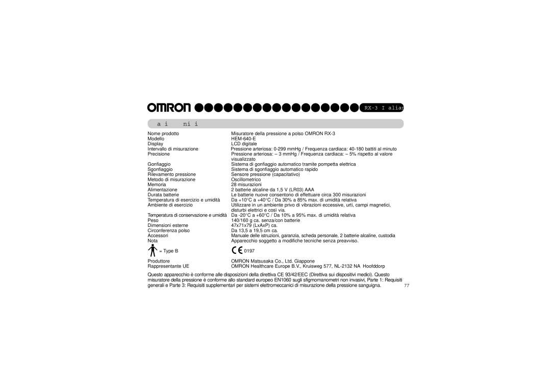 Omron RX-3 instruction manual Dati tecnici 