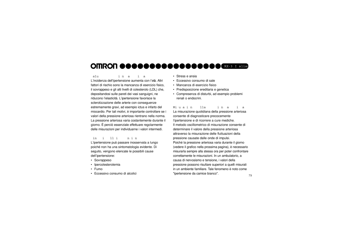 Omron RX-3 instruction manual Salute e pressione arteriosa, Sintomi dellipertensione, Misurazione della pressione arteriosa 