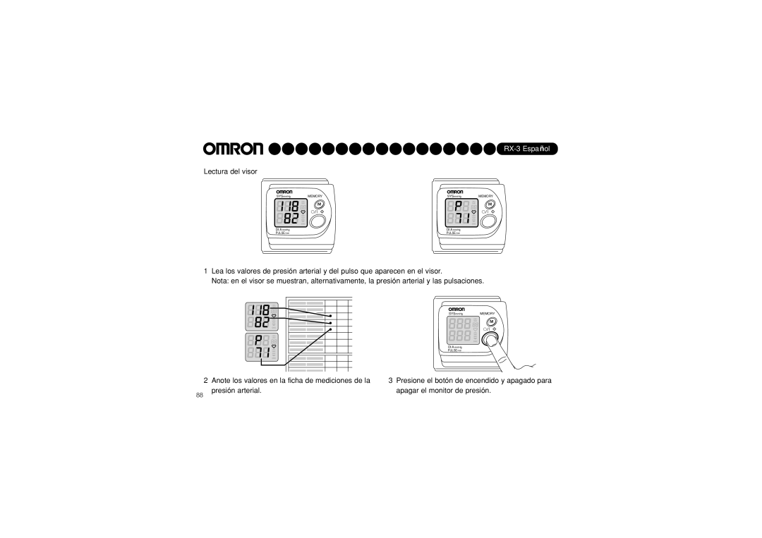 Omron RX-3 instruction manual Lectura del visor, Presione el botón de encendido y apagado para 