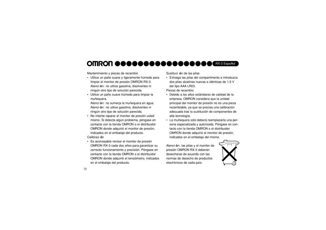 Omron RX-3 instruction manual Mantenimiento y piezas de recambio, Calibración, Sustitución de las pilas, Piezas de recambio 