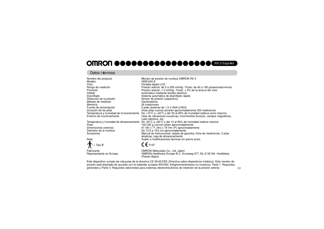 Omron RX-3 instruction manual Datos técnicos 