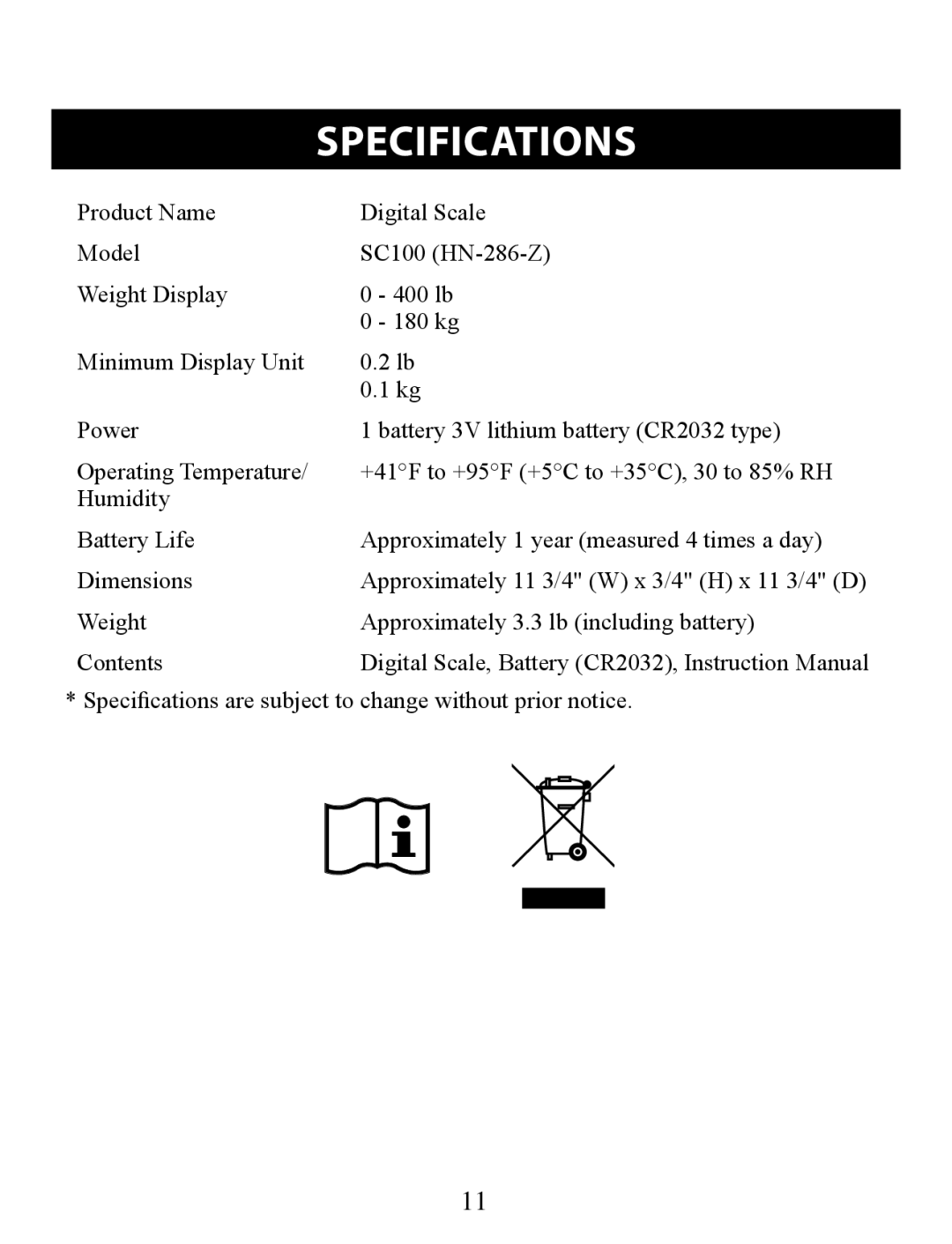 Omron SC100 instruction manual Specifications 