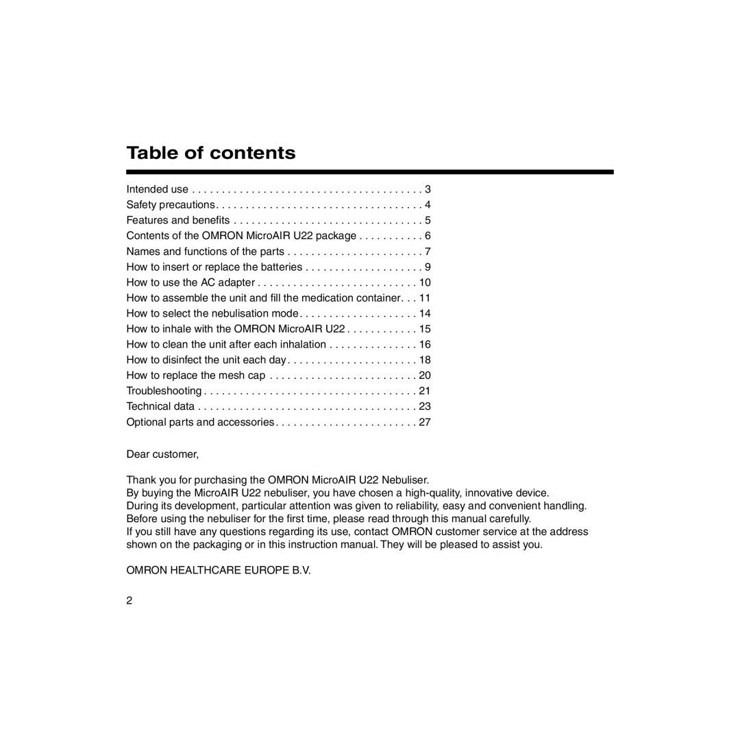 Omron U22 instruction manual Table of contents 