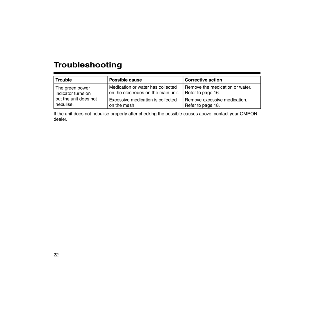 Omron U22 instruction manual Troubleshooting 