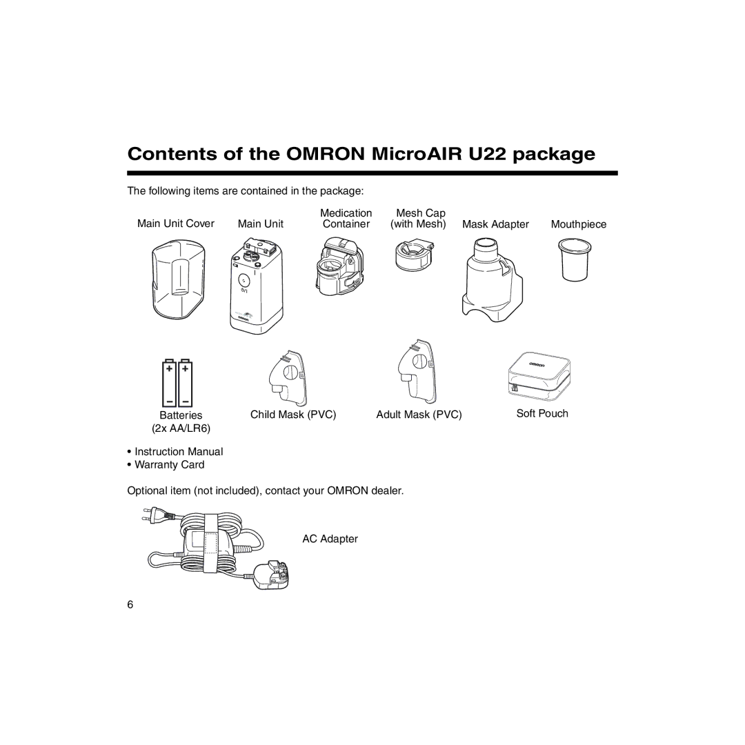 Omron instruction manual Contents of the Omron MicroAIR U22 package 