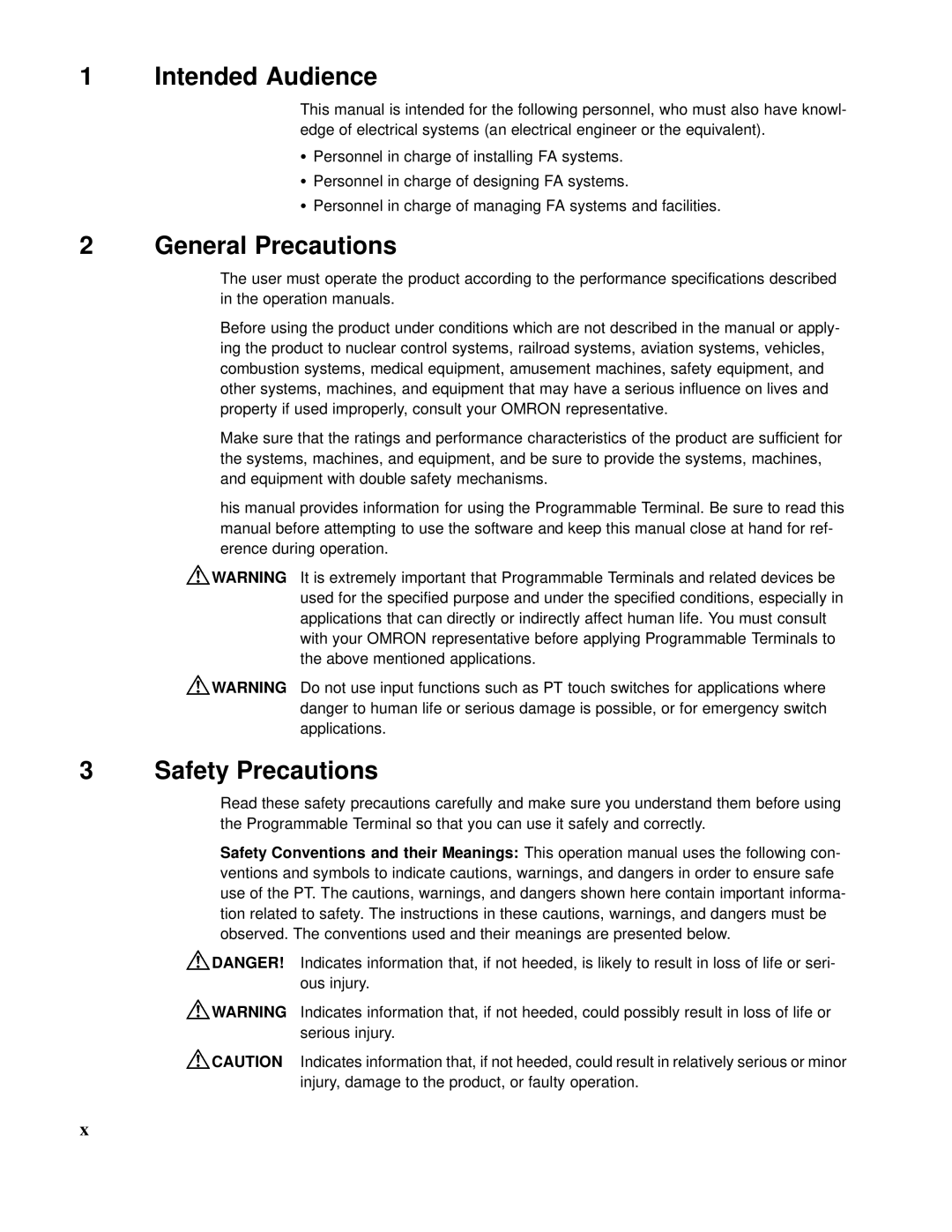 Omron V022-E3-1 operation manual Intended Audience, General Precautions, Safety Precautions 