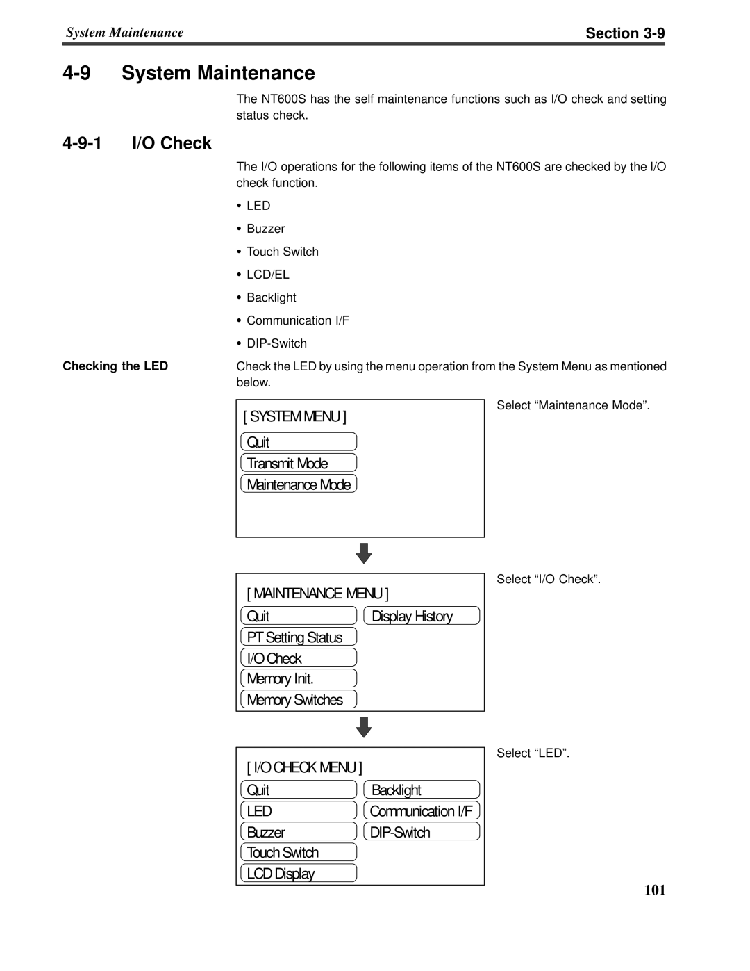 Omron V022-E3-1 operation manual 4-9System Maintenance, 4-9-1I/O Check, Section 