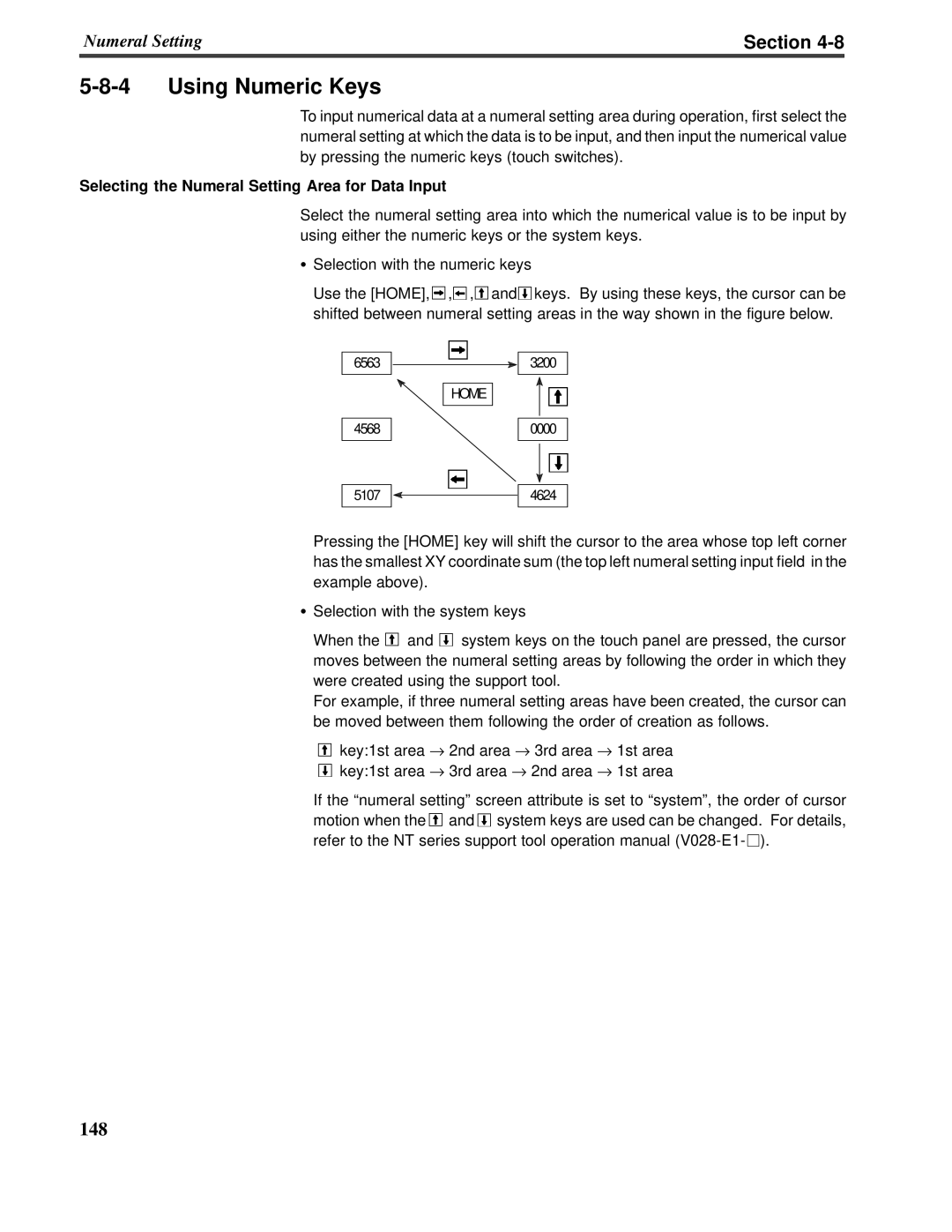 Omron V022-E3-1 operation manual 5-8-4Using Numeric Keys, Section, Selecting the Numeral Setting Area for Data Input 