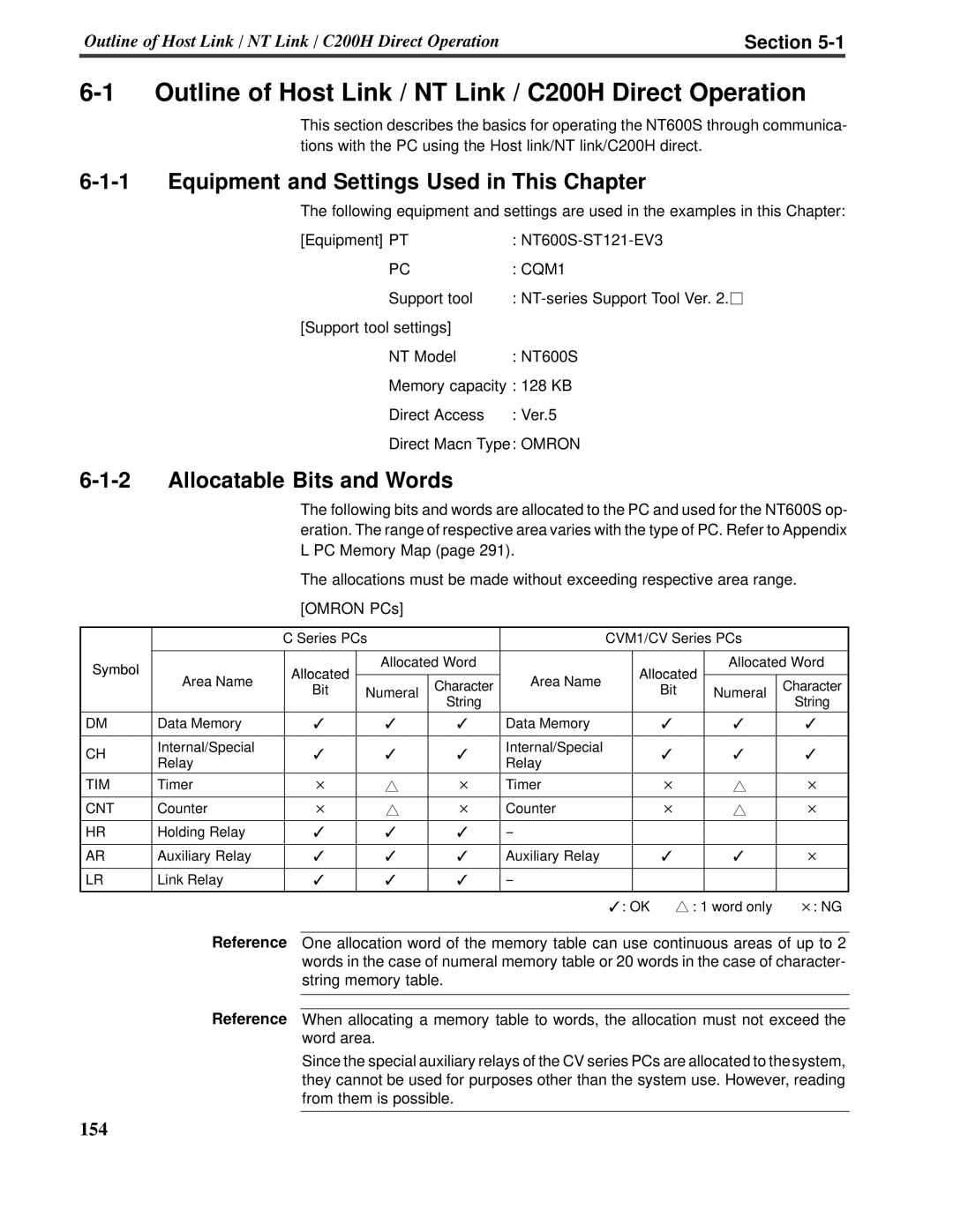 Omron V022-E3-1 Equipment and Settings Used in This Chapter, Allocatable Bits and Words, 6-1-1, 6-1-2, Section 