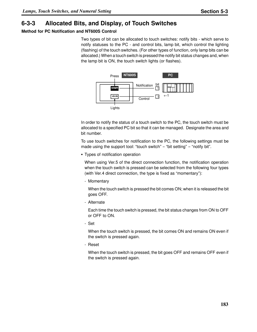 Omron V022-E3-1 operation manual Section, Method for PC Notification and NT600S Control 