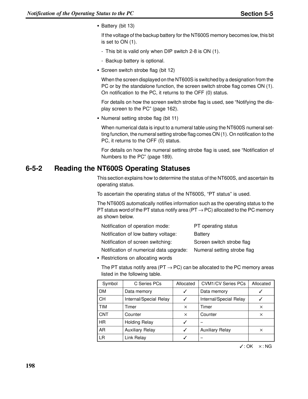 Omron V022-E3-1 operation manual 6-5-2Reading the NT600S Operating Statuses, Section 
