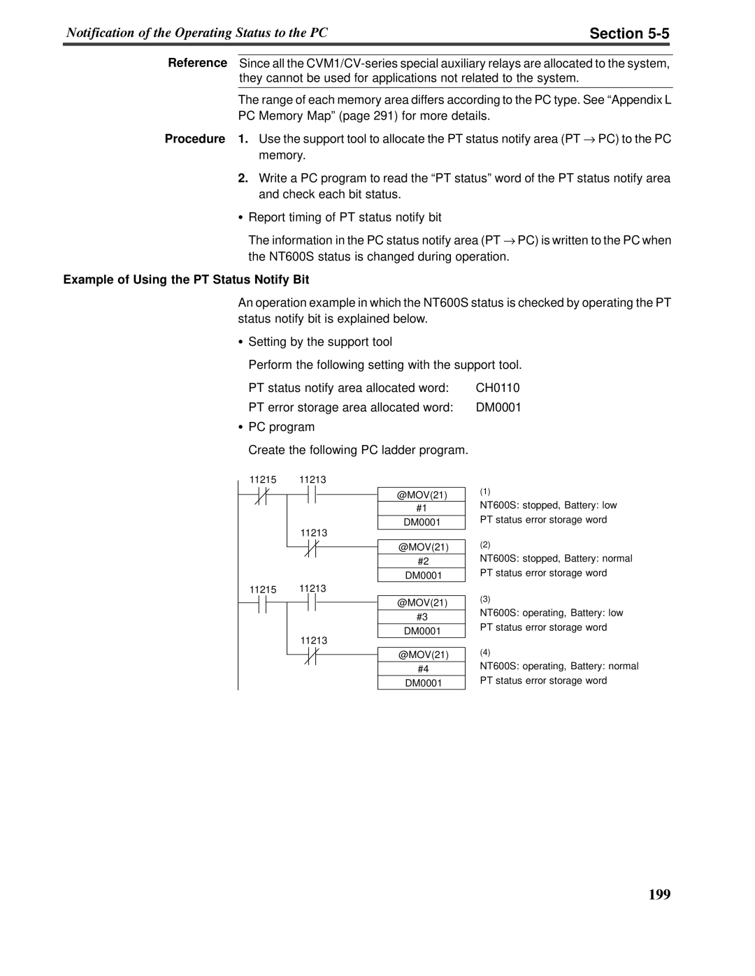 Omron V022-E3-1 operation manual Section, Example of Using the PT Status Notify Bit 
