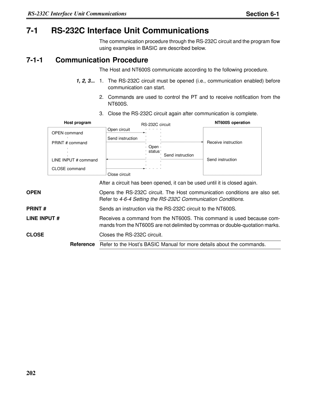 Omron V022-E3-1 7-1 RS-232CInterface Unit Communications, 7-1-1Communication Procedure, Section, Open, Print #, Close 