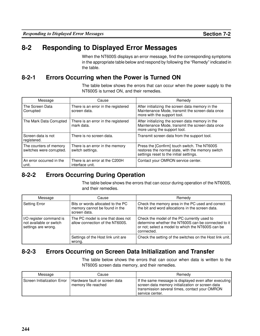 Omron V022-E3-1 Responding to Displayed Error Messages, Errors Occurring when the Power is Turned ON, 8-2-1, 8-2-2, 8-2-3 
