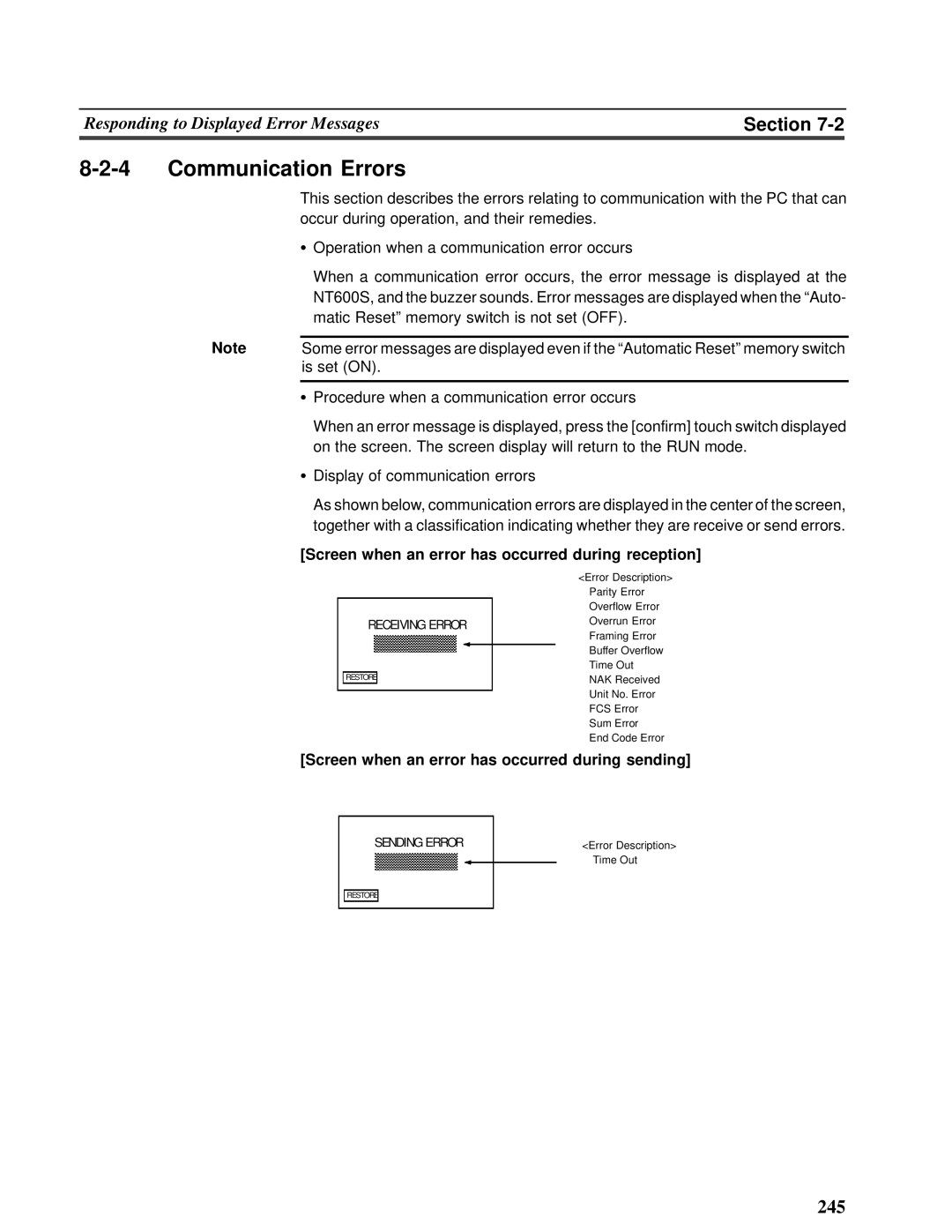 Omron V022-E3-1 operation manual 8-2-4Communication Errors, Section, Screen when an error has occurred during sending 