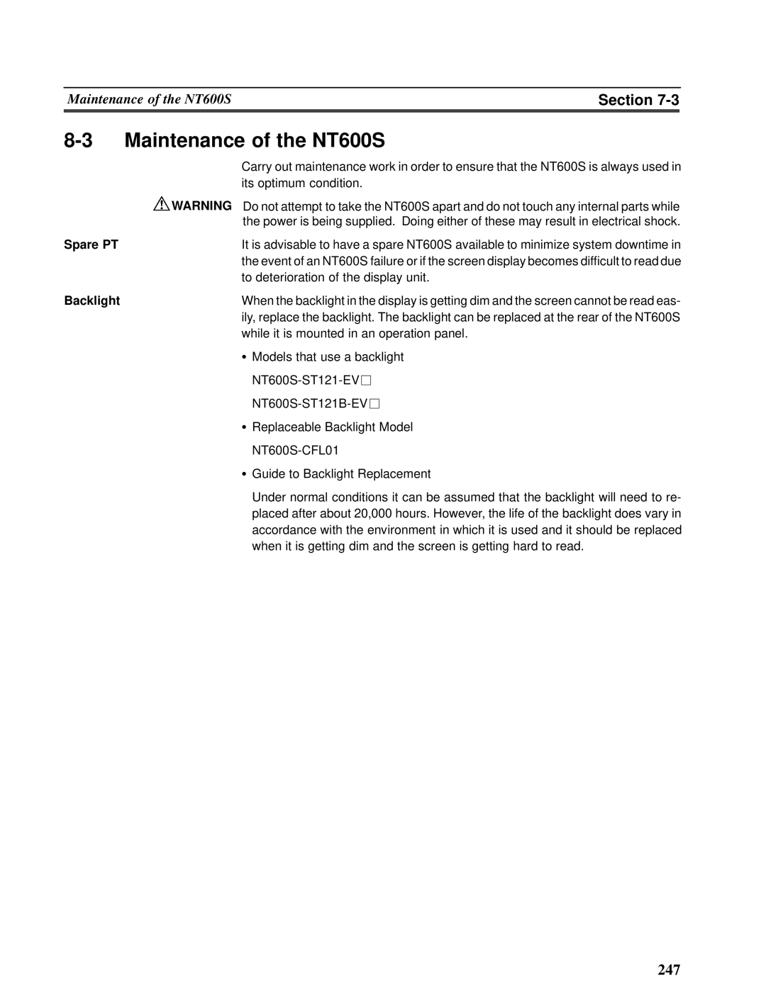 Omron V022-E3-1 operation manual 8-3Maintenance of the NT600S, Section, Spare PT, Backlight 