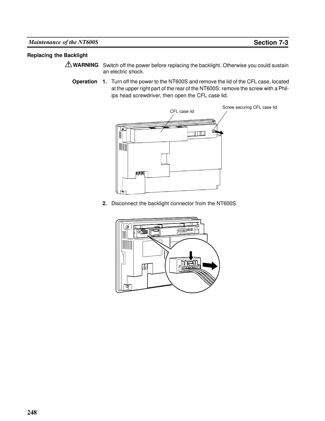 Omron V022-E3-1 operation manual Section, Replacing the Backlight, Screw securing CFL case lid CFL case lid 