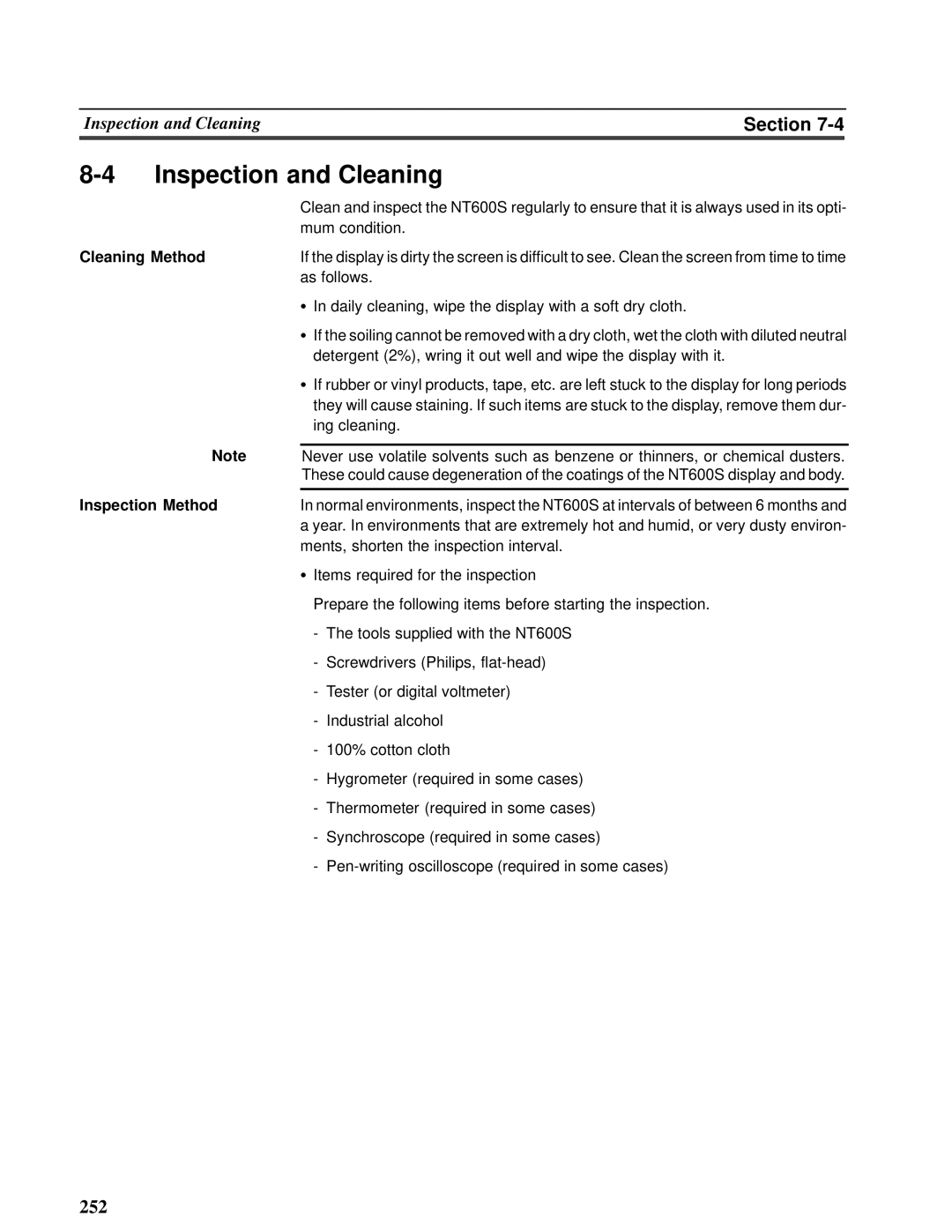 Omron V022-E3-1 operation manual Inspection and Cleaning, Section, Cleaning Method, Inspection Method 