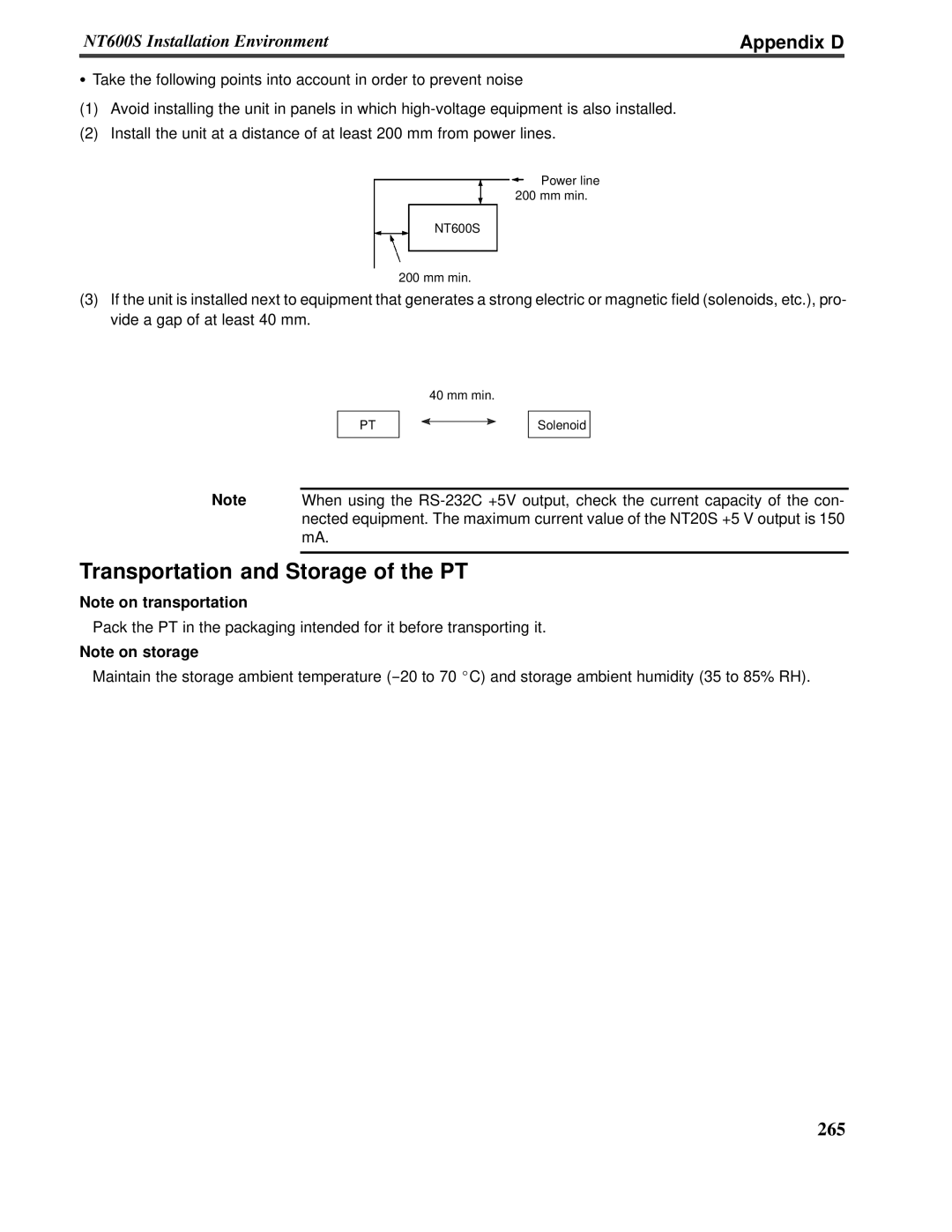 Omron V022-E3-1 operation manual Transportation and Storage of the PT, Appendix D, Note on transportation, Note on storage 