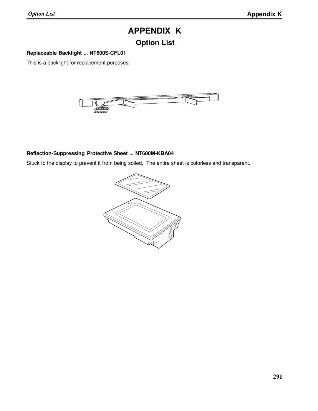 Omron V022-E3-1 operation manual Appendix K, Option List, Replaceable Backlight ... NT600S-CFL01 