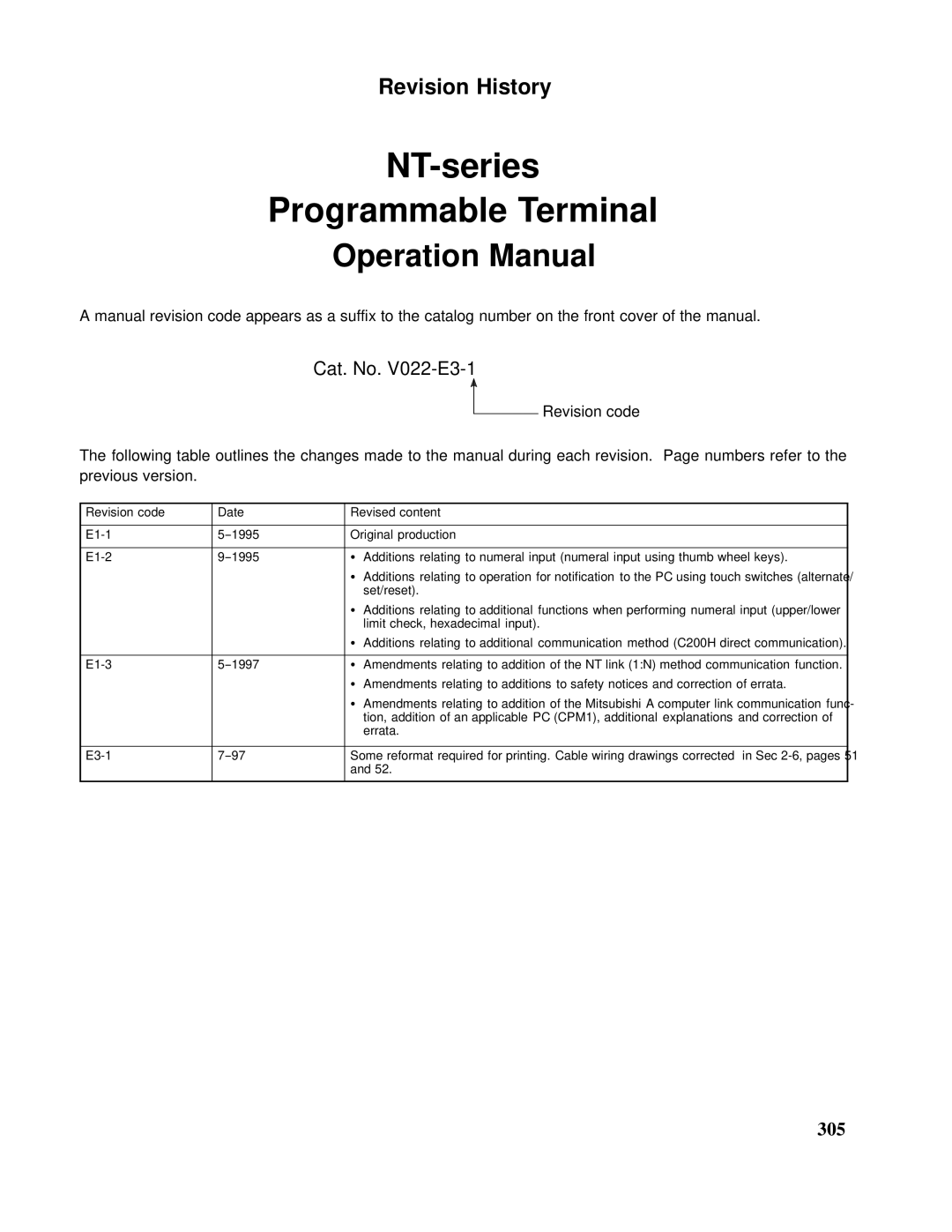 Omron V022-E3-1 operation manual NT-series Programmable Terminal, Revision History, Operation Manual 